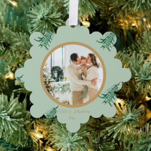 Sage Green Pagoda Merry Christmas Tree 2-Photo Tree Decoration Card