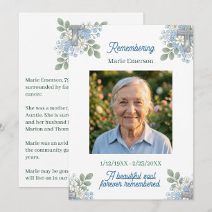 Sage Green Pale Blue Floral Cross Photo Memorial Card