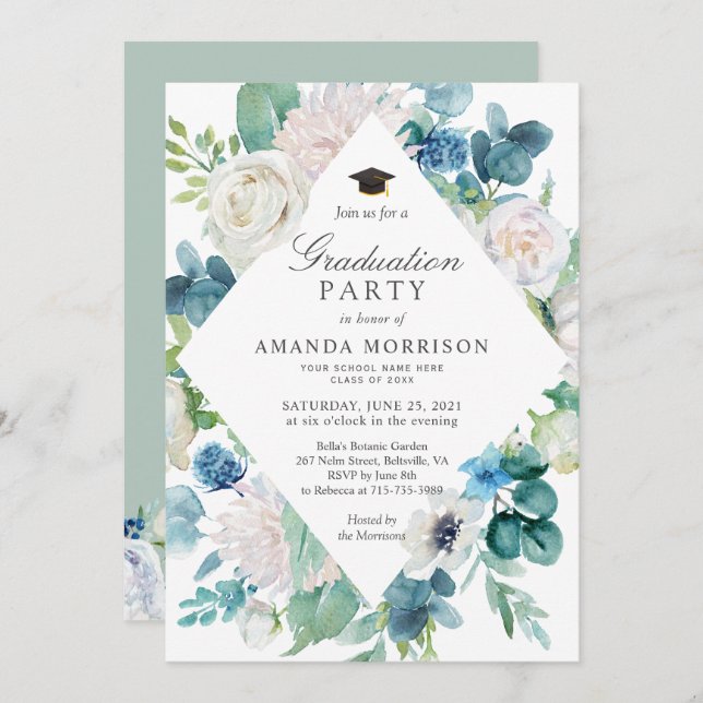 Sage Green Pale Blue White Floral Graduation Party Invitation (Front/Back)