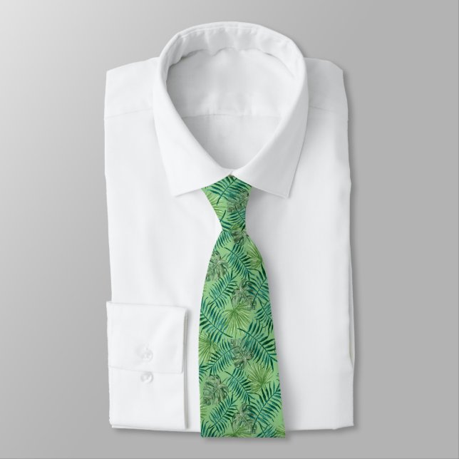 Sage Green Palm Leaf Pattern Tropical Neck Tie (Tied)