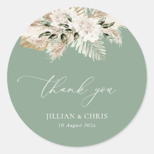 Sage green pampas floral wedding classic round sticker