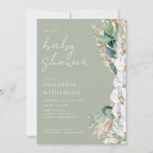 Sage Green Pampas Grass Boho Floral Baby Shower Invitation