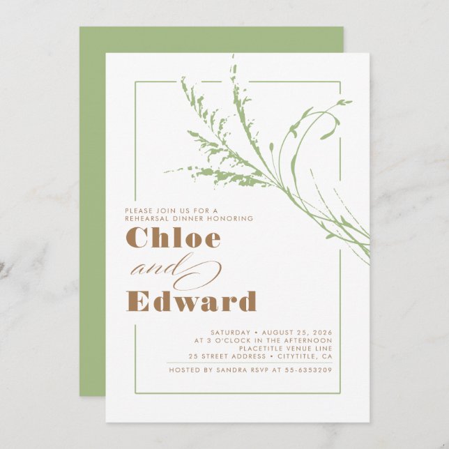 Sage Green Pampas Grass Modern Rehearsal Dinner Invitation (Front/Back)