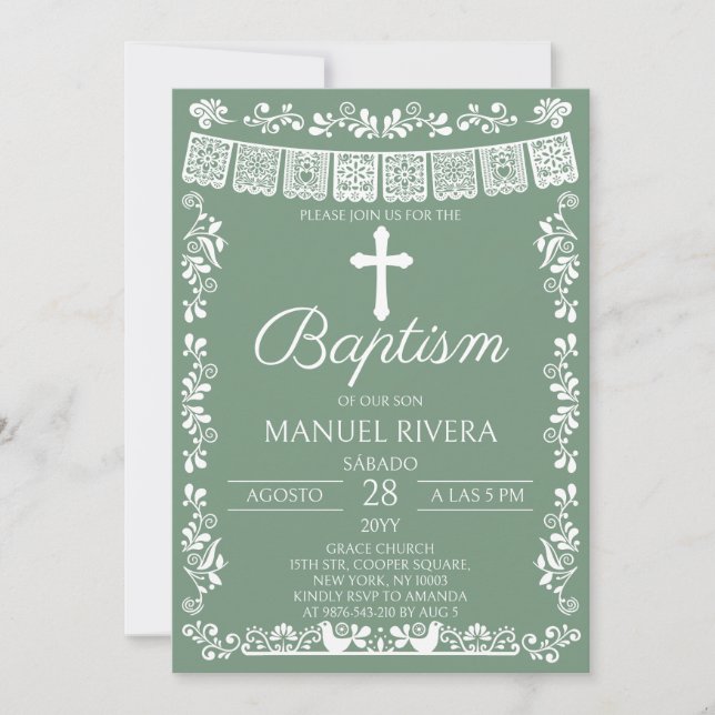 Sage Green Papel Picado Baptism Invitation (Front)