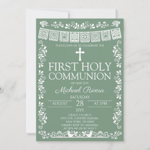 Sage Green Papel Picado First Holy Communion Invitation