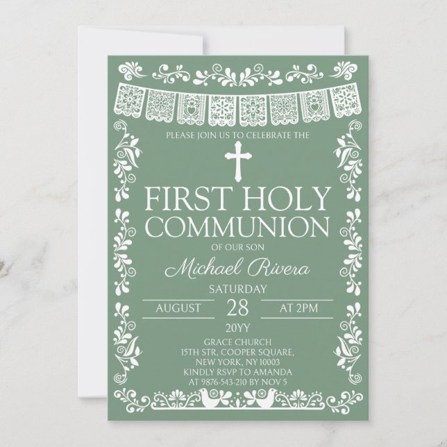 Sage Green Papel Picado First Holy Communion Invitation (Front)