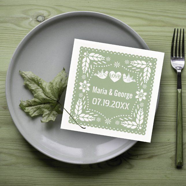 Sage green papel picado love birds wedding napkin (Creator Uploaded)