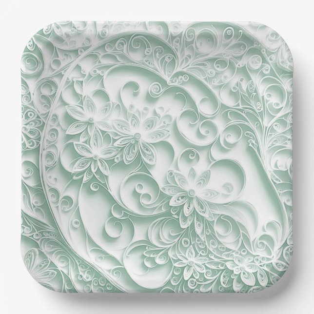 Sage Green Paper Quilling Daisy Design Plate (Front)