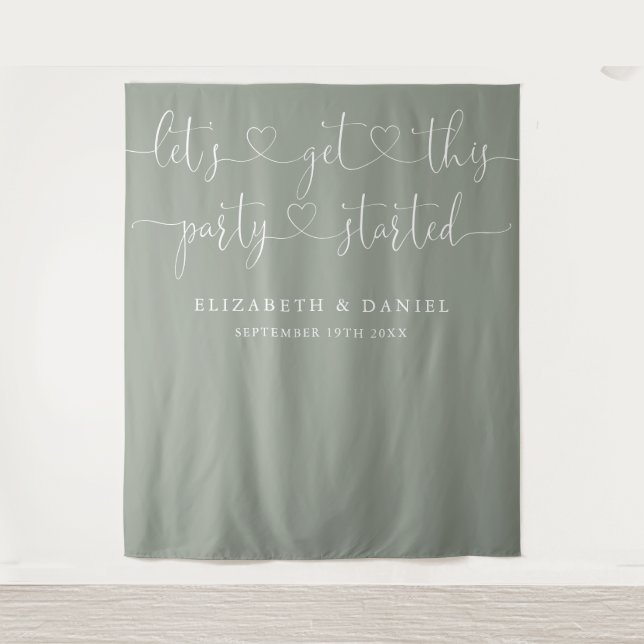 Sage Green Party Started Heart Script Wedding Tapestry (Front)