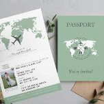 Sage Green Passport Destination Wedding Invitation<br><div class="desc">Introducing our elegant and unique folded wedding invitation, designed to resemble a passport! This invitation features a stunning photo of the happy couple against a beautiful sage green background. The front cover boasts a detailed world map, adding a touch of adventure and global appeal to the design. As you open...</div>
