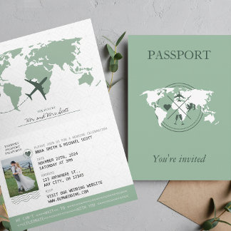 Sage Green Passport Destination Wedding Invitation