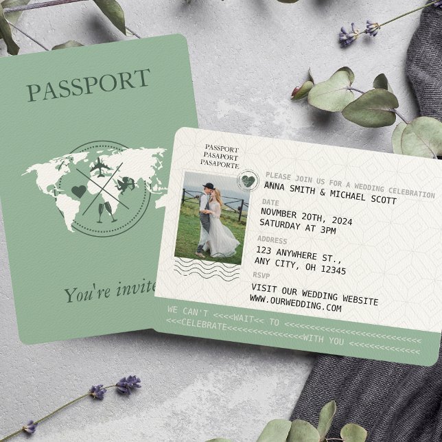 Sage Green Passport Destination Wedding Invitation (Creator Uploaded)