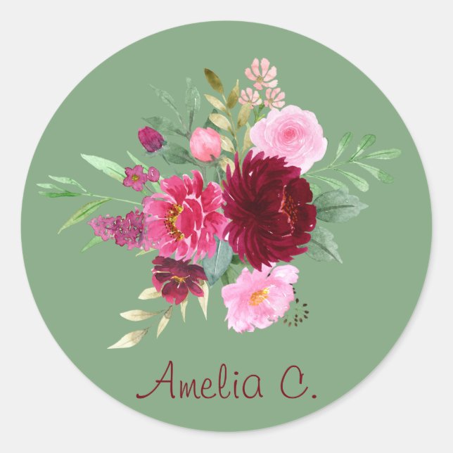 Sage Green & Pastel Watercolor Floral Classic Round Sticker (Front)