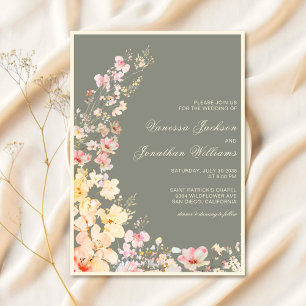 Sage Green Pastel Wildflowers Wedding Invitation