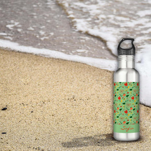 Sage green pattern wildflowers red poppy  710 ml water bottle