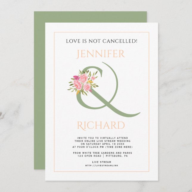 Sage green, peach ampersand, roses virtual wedding invitation (Front/Back)