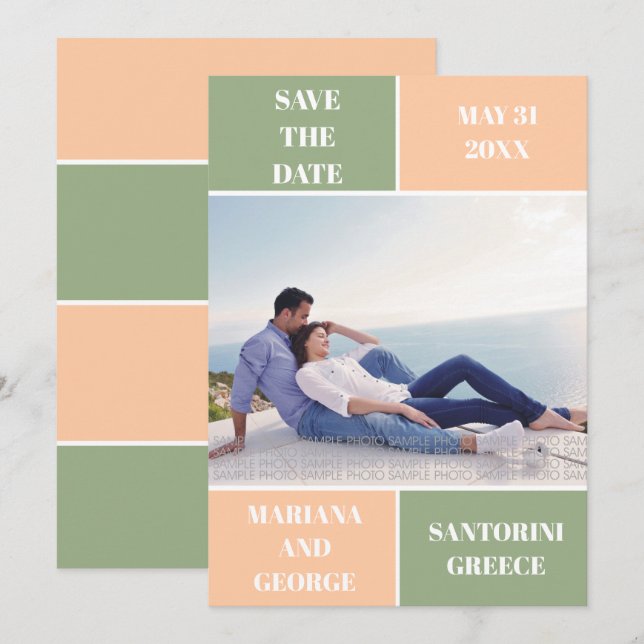 Sage green peach colour block wedding Save the Dat Date (Front/Back)