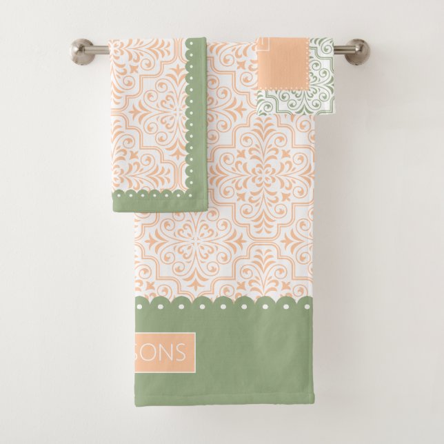 Sage green peach damask pattern, scalloped borders bath towel set (Insitu)
