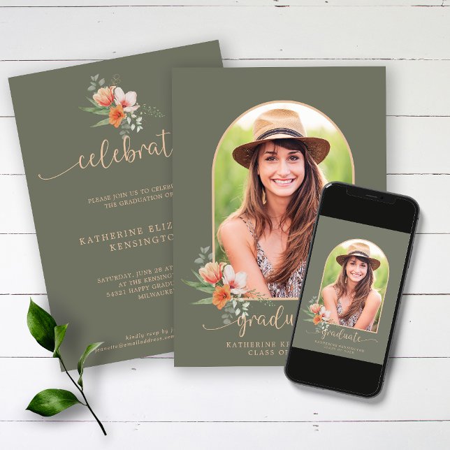  Sage Green Peach Floral Arch Photo Graduation Invitation (Creator Uploaded)
