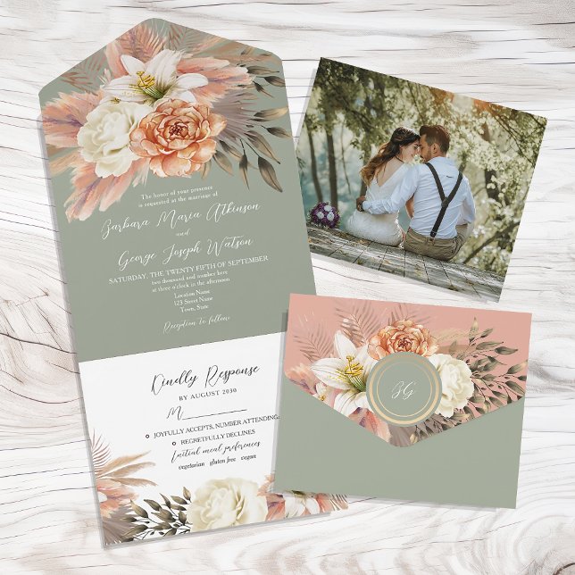 Sage Green Peach Floral Wedding All In One Invitation (Creator Uploaded)