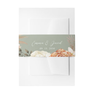 Sage Green Peach Floral Wedding Invitation Belly Band