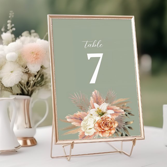 Sage Green Peach Floral Wedding Table Number (Creator Uploaded)