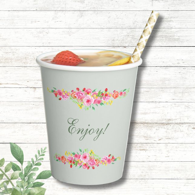 Sage Green Peach Pink Peony Bridal Shower  Paper Cups (Creator Uploaded)