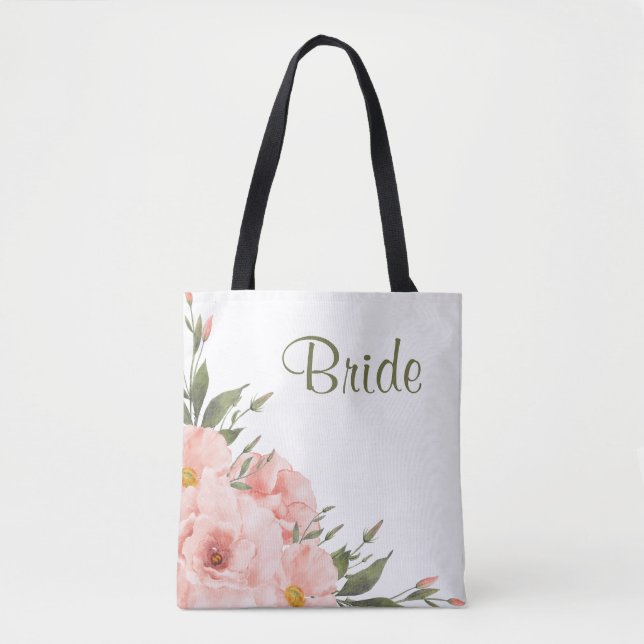 Sage Green & Peach Roses Tote Bag (Front)
