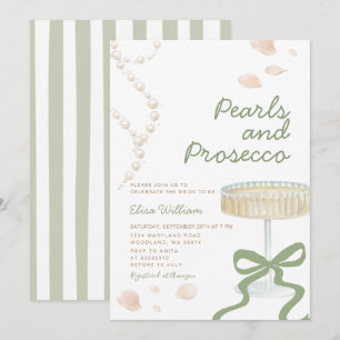 Sage Green Pearls and Prosecco Bridal Shower Invitation