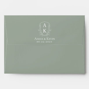 Sage Green Peony Couple Crest Wedding RSVP Envelope