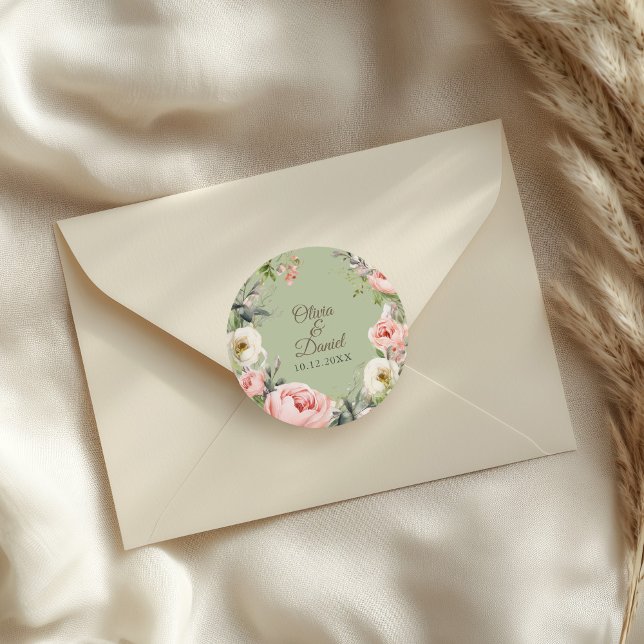 Sage Green Peony Floral Round Sticker (Sage Green Peony Floral Round Sticker on an elegant wedding envelope)