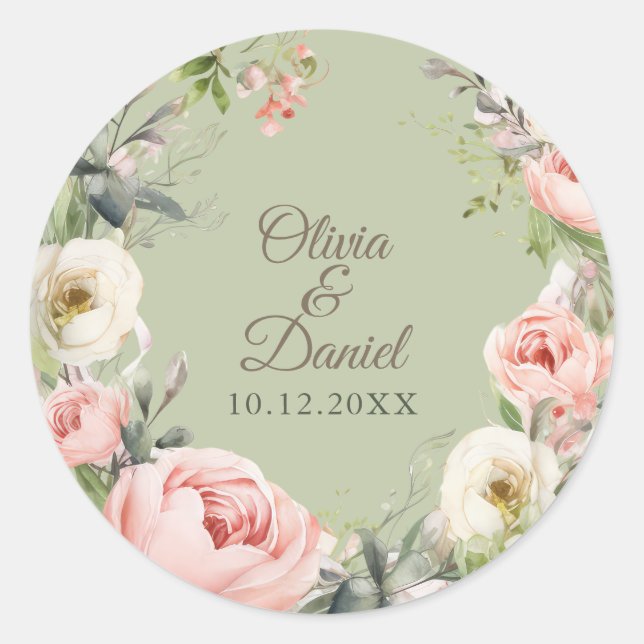 Sage Green Peony Floral Round Sticker (Front)