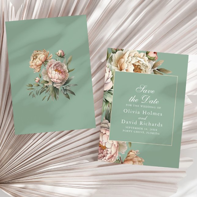 Sage Green Peony Garden Save the Date Card (Elegant Blush Pink Peonies Pastel Sage Wedding Save The Date on a sunny neutral dry palm leaf.)