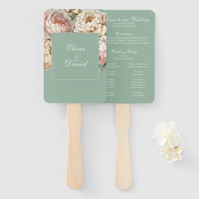 Sage Green Peony Garden Wedding Program Hand Fan (Front and Back)