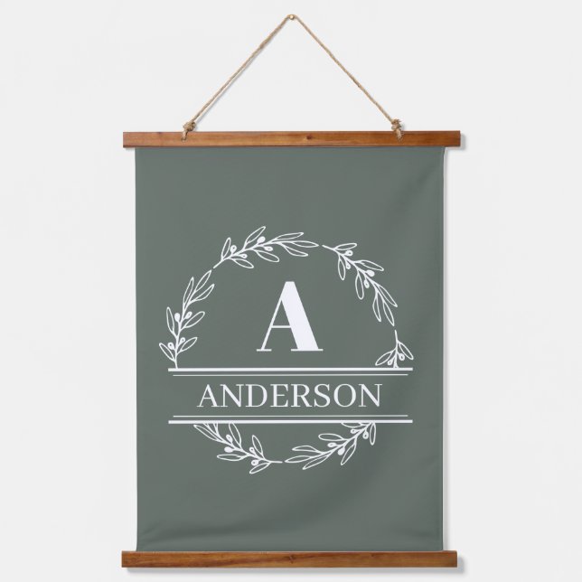 Sage Green Personalised Family Monogram Wall  Hanging Tapestry (Front)
