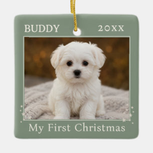 Sage Green Personalised First Christmas Dog Photo Ceramic Ornament