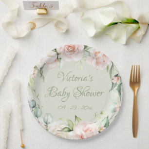 Sage Green Personalised Floral Baby Shower  Paper Plate