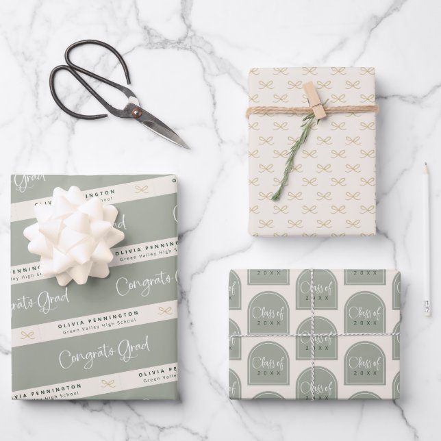 Sage Green Personalised Graduation Wrapping Paper Sheet (Front)