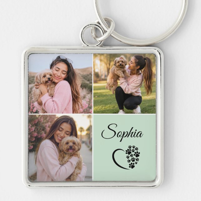 Sage Green Personalised Name 3 Photo  Key Ring (Front)