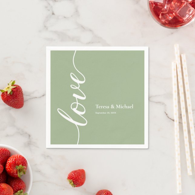 Sage green Personalised names Love script  Napkins (Insitu)