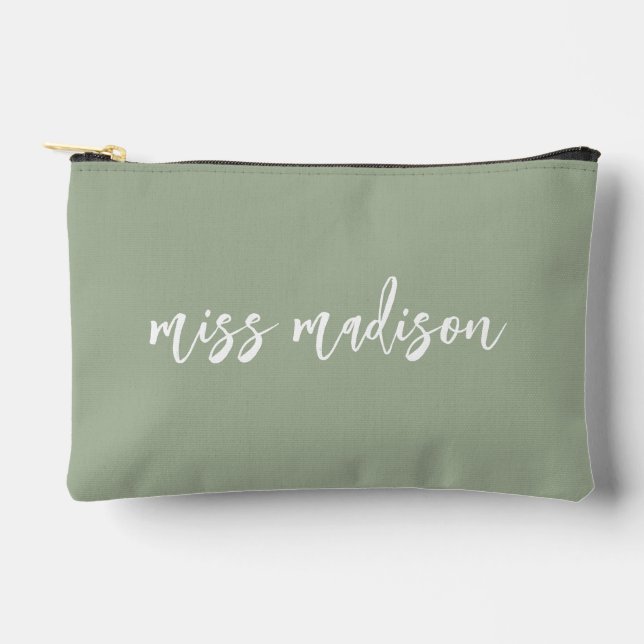 Sage Green Personalised Teacher's Name Script Accessory Pouch (Front)