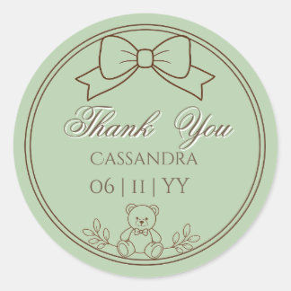 Sage Green Personalised Teddy Bear Bow Classic Round Sticker