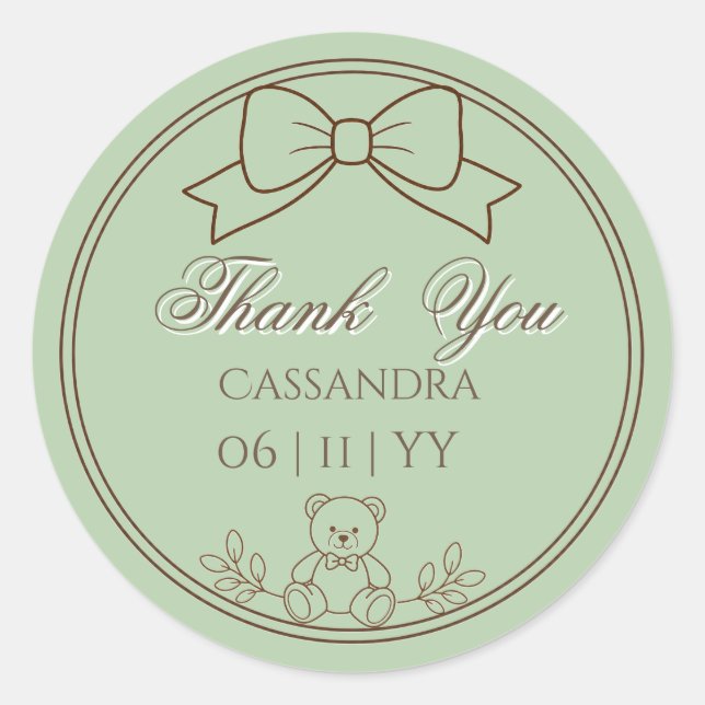 Sage Green Personalised Teddy Bear Bow Classic Round Sticker (Front)