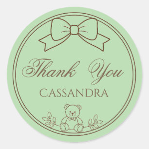 Sage Green Personalised Teddy Bear Bow Classic Round Sticker
