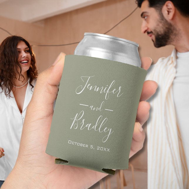 Sage Green Personalised Wedding Can Cooler (Sage Green Personalized Wedding Favor Can Coolers)