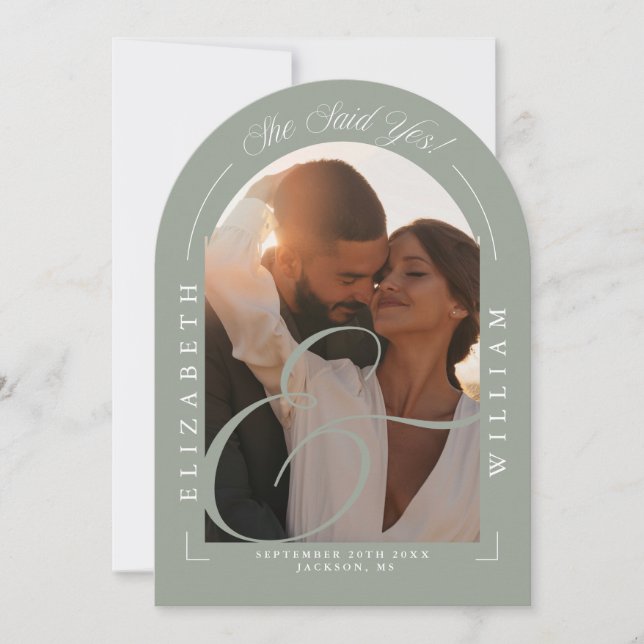 Sage Green Photo Arch Calligraphy Engagement Party Invitation (Front)
