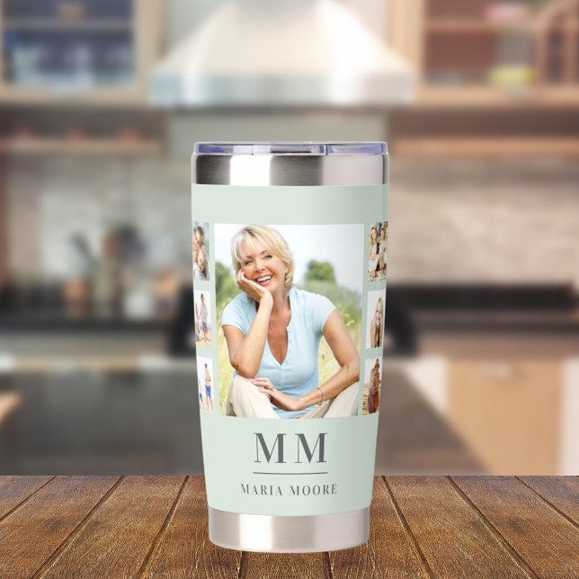 Sage green photo collage monogram name insulated tumbler (Creator Uploaded)