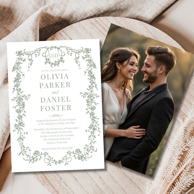 Sage Green Photo Floral Victorian French Wedding  Invitation (Creator Uploaded)