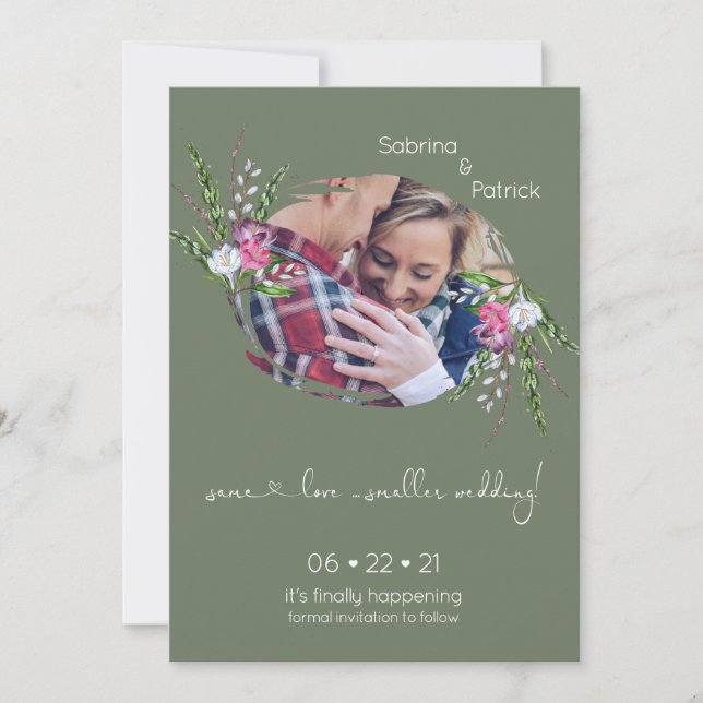 Sage Green Photo Frame Floral  Save The Date (Front)