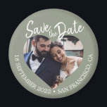 Sage Green Photo Modern Script Save the Date Magnet<br><div class="desc">Sage green photo modern script save the date magnet featuring a heart-shaped photo window, muted sage green background, and hand-lettered script text in white. This design highlights your engagement photo while clearly sharing the wedding date and location in a calm, organic colour palette that feels both modern and timeless. Ideal...</div>